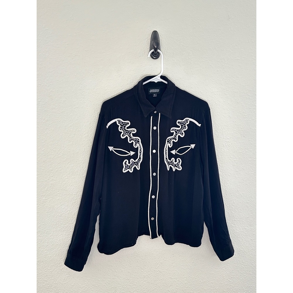 Juny Western Shirt Mens Medium Black Rayon Embroidered Snap Front